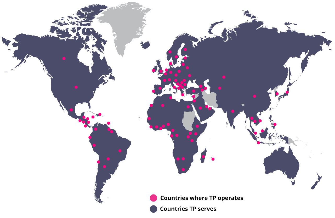 World map showing TP ops in pink and service areas in dark purple, with dots marking locations World map showing TP ops in pink and service areas in dark purple, with dots marking locations