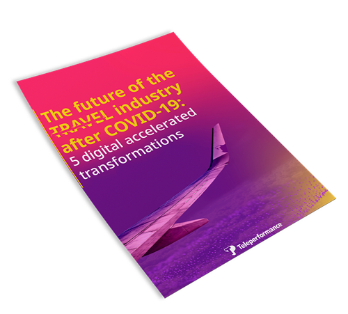TP report cover showing airplane wing with title ‘The future of the travel industry after COVID-19’. TP report cover showing airplane wing with title ‘The future of the travel industry after COVID-19’.