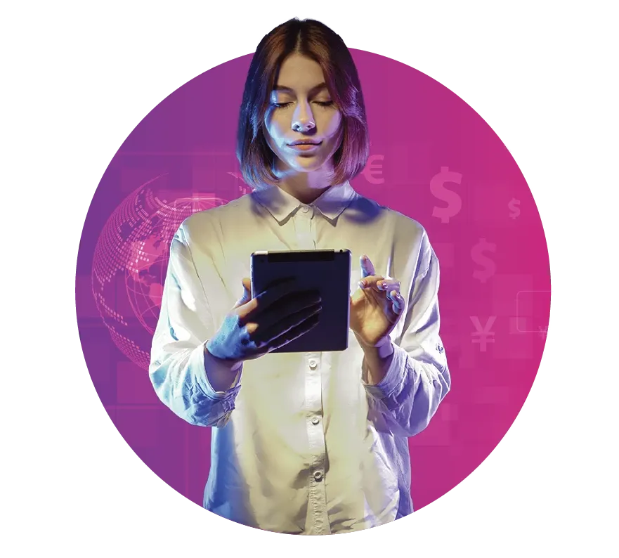 A woman with a tablet is surrounded by financial symbols.  A woman with a tablet is surrounded by financial symbols.