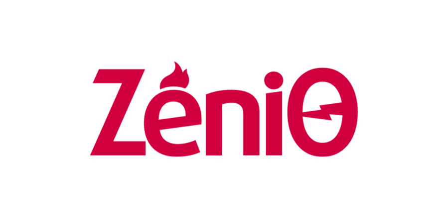 Zenio logo with red text, a fire icon above the e and a lightning bolt in the o Zenio logo with red text, a fire icon above the e and a lightning bolt in the o