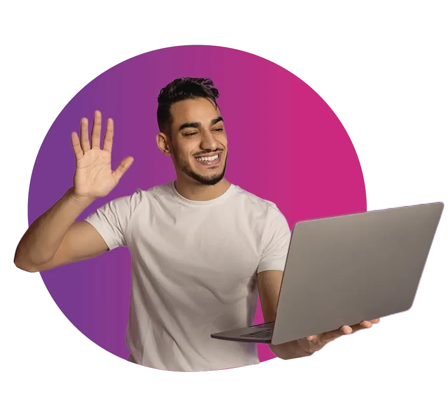 a smiling person in a white shirt is holding a laptop and waving, set against a vibrant pink and purple gradient background. a smiling person in a white shirt is holding a laptop and waving, set against a vibrant pink and purple gradient background.